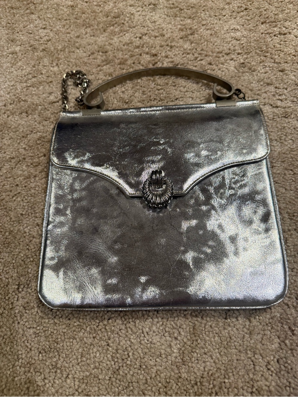 Vintage Chic de Paris Silver Metallic Leather Top Handle Bag